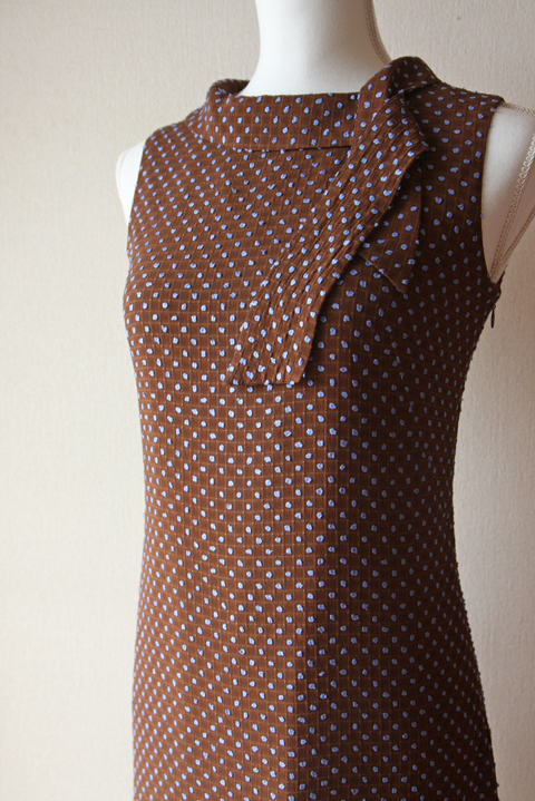Ballsey brown and blue dotted sleeveless pencil dress with tie collar