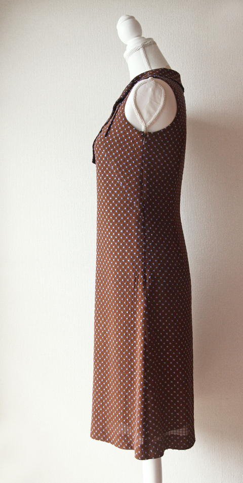 Ballsey brown and blue dotted sleeveless pencil dress with tie collar